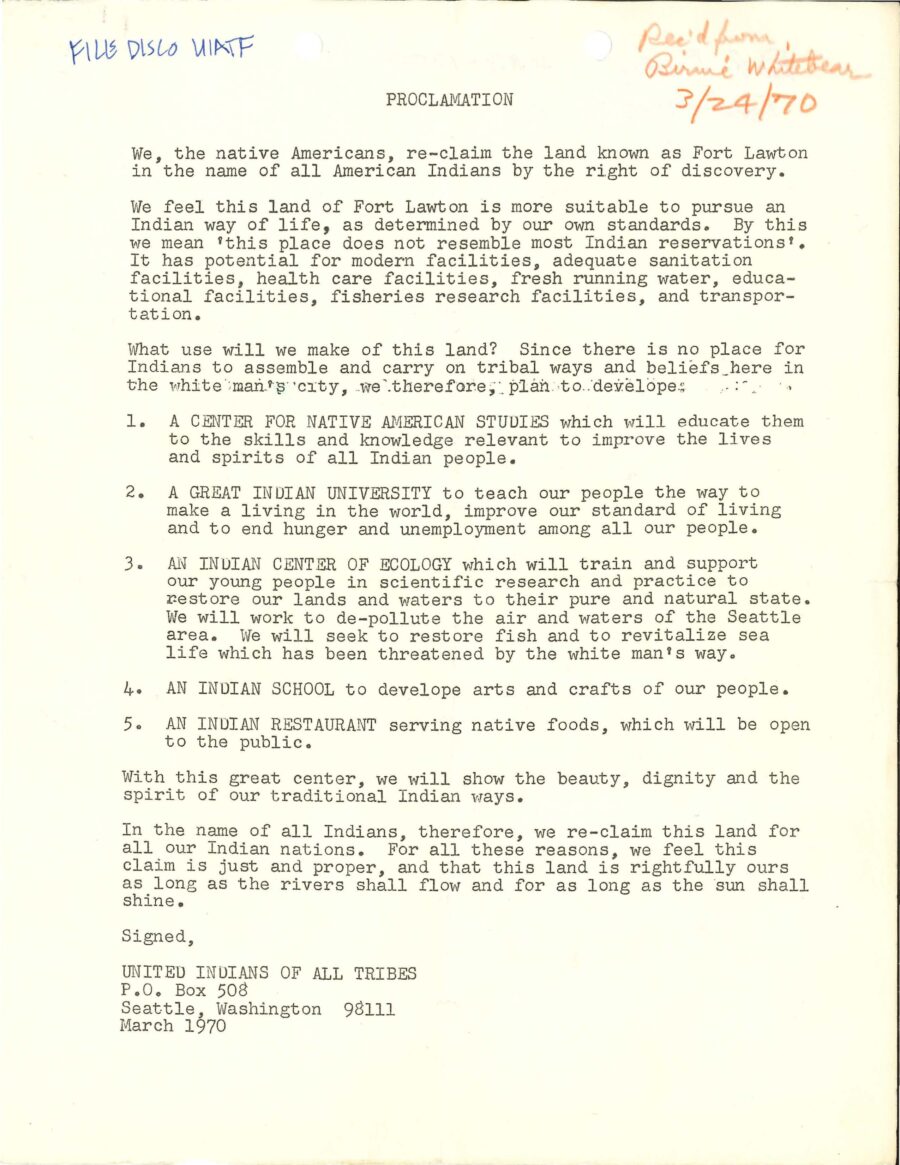 Seattle Proclamation 55 Years Ago: Takeover of Fort Lawton - Primary Sources