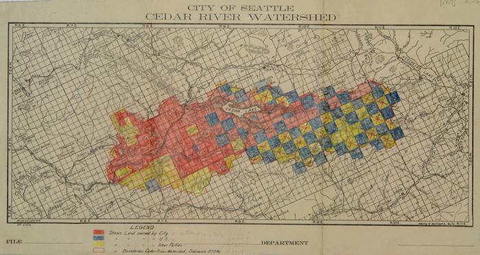 map of the watershed with different colored blocks indicating land ownership