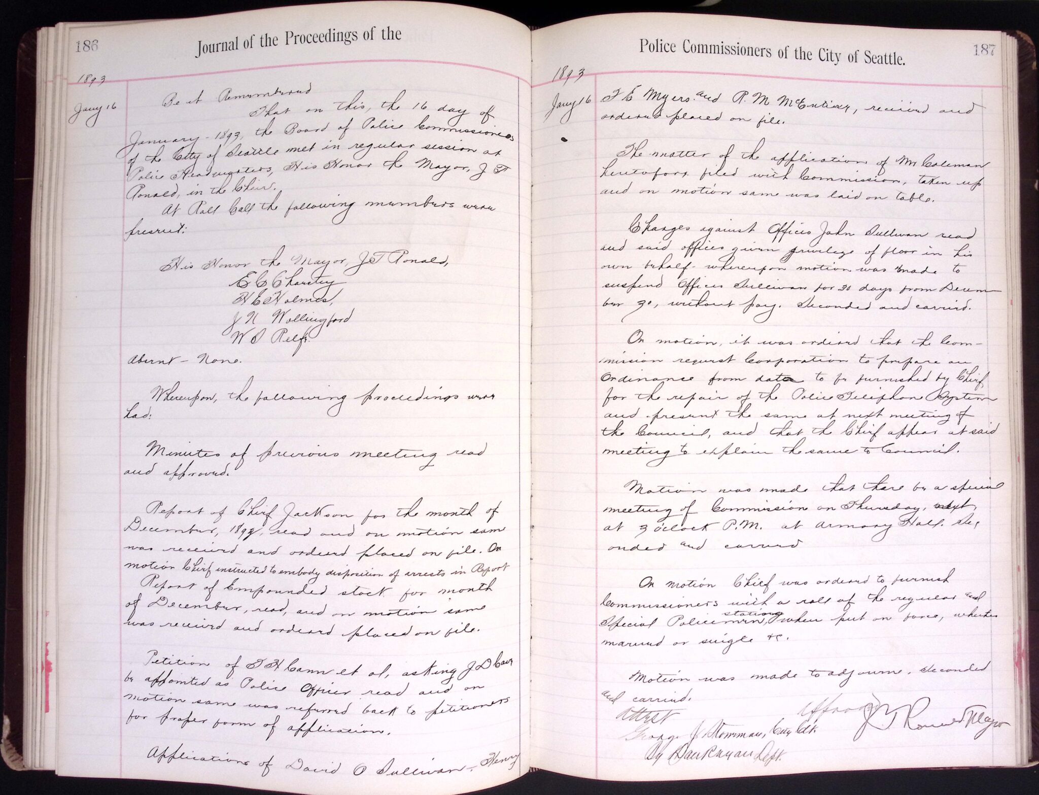 Seattle Board of Police Commissioners Minutes from 1893