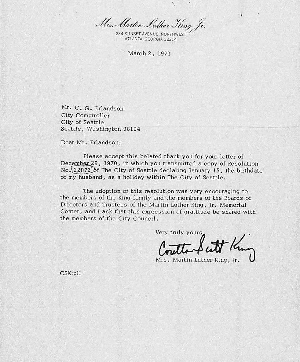 Black and white scan of a letter from Coretta Scott King to Seattle City Council from 1971