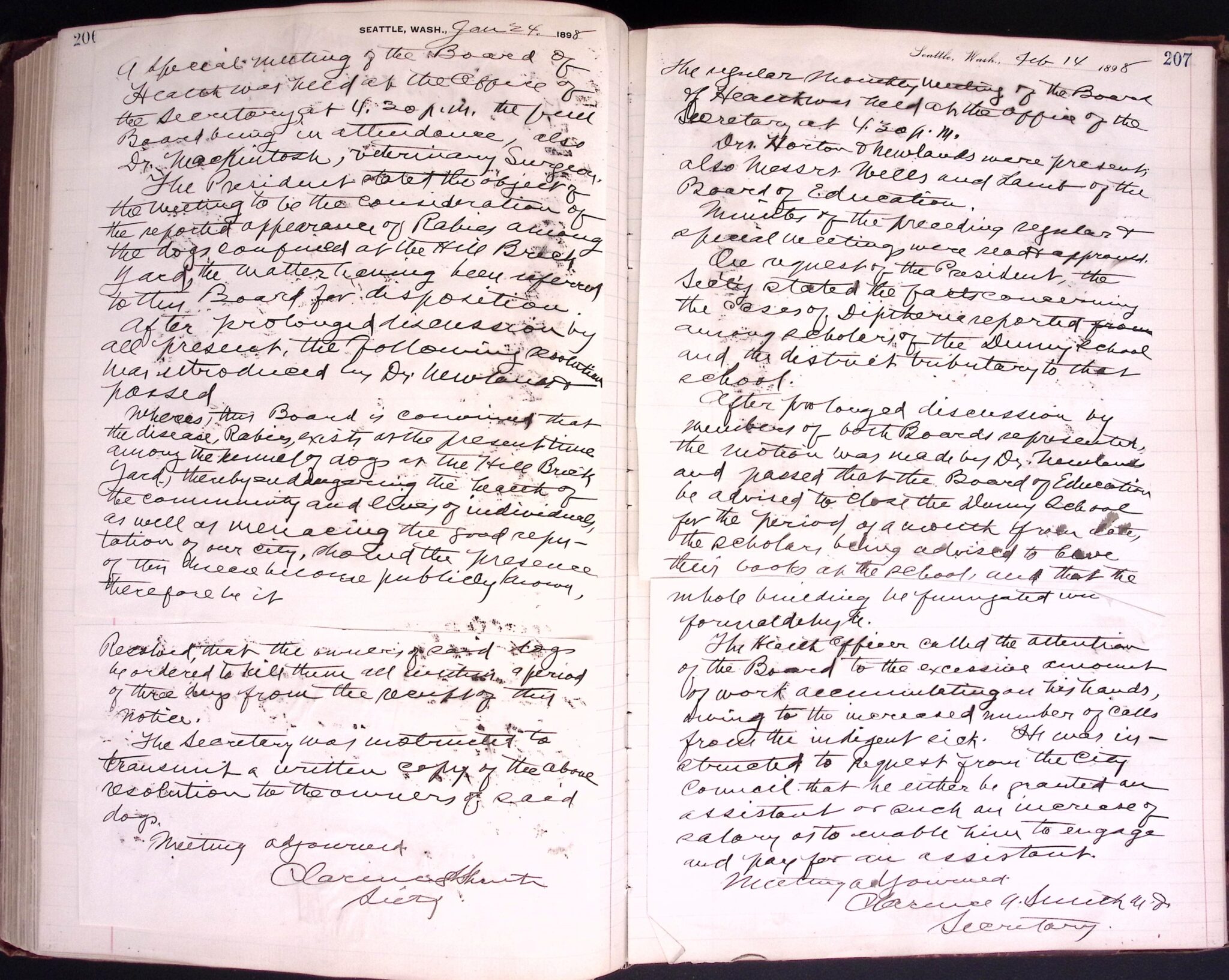 image of handwritten Seattle Board of Health minutes from 1898