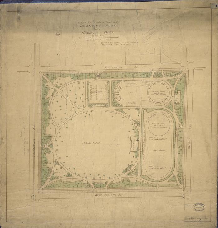 Color drawing of planting plan for Hiawatha Park in Seattle, 1911