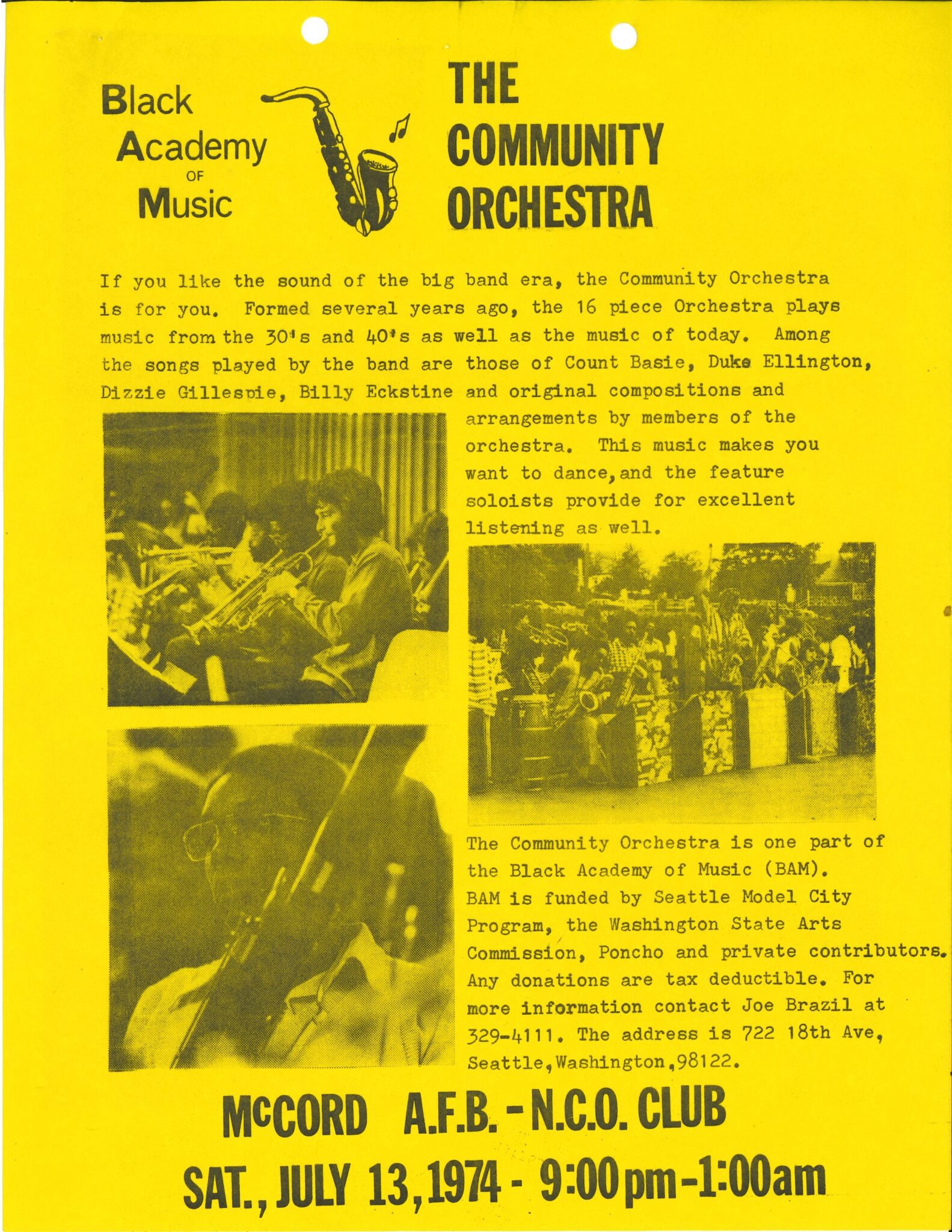 yellow photocopied flyer for a performance by Seattle's Black Academy of Music Community Orchestra 