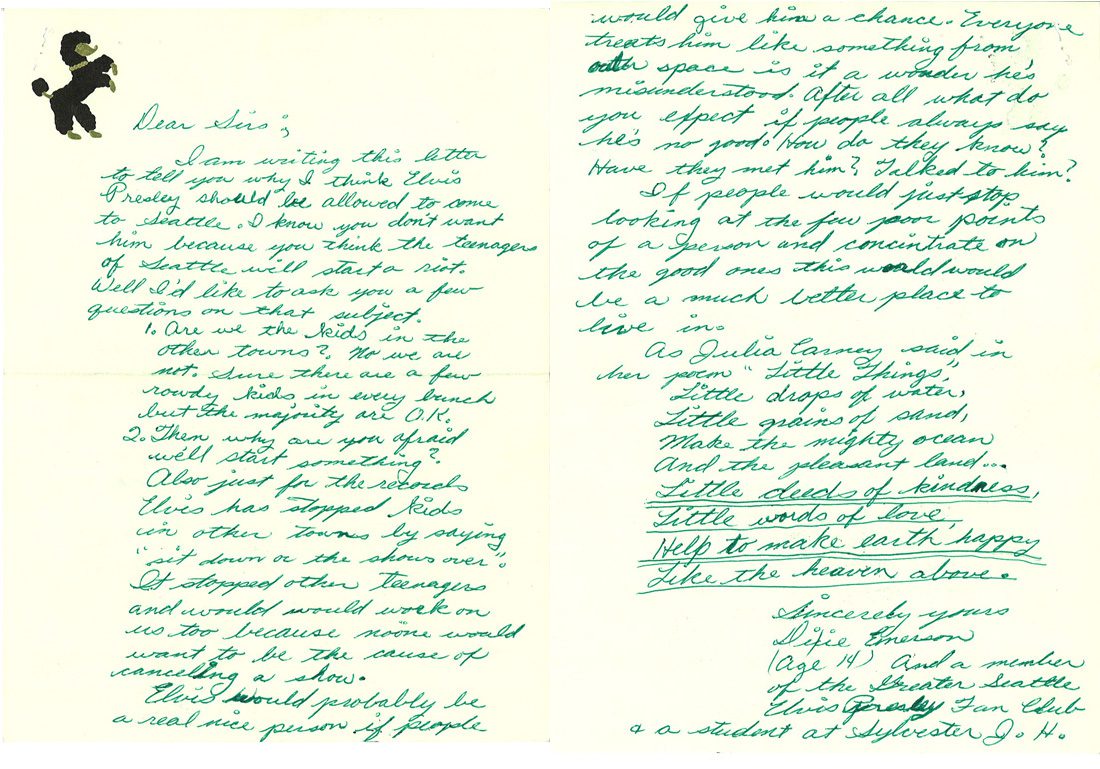 handwritten letter from 14-year-old Dixie Emerson on poodle stationery asking that Elvis be allowed to perform