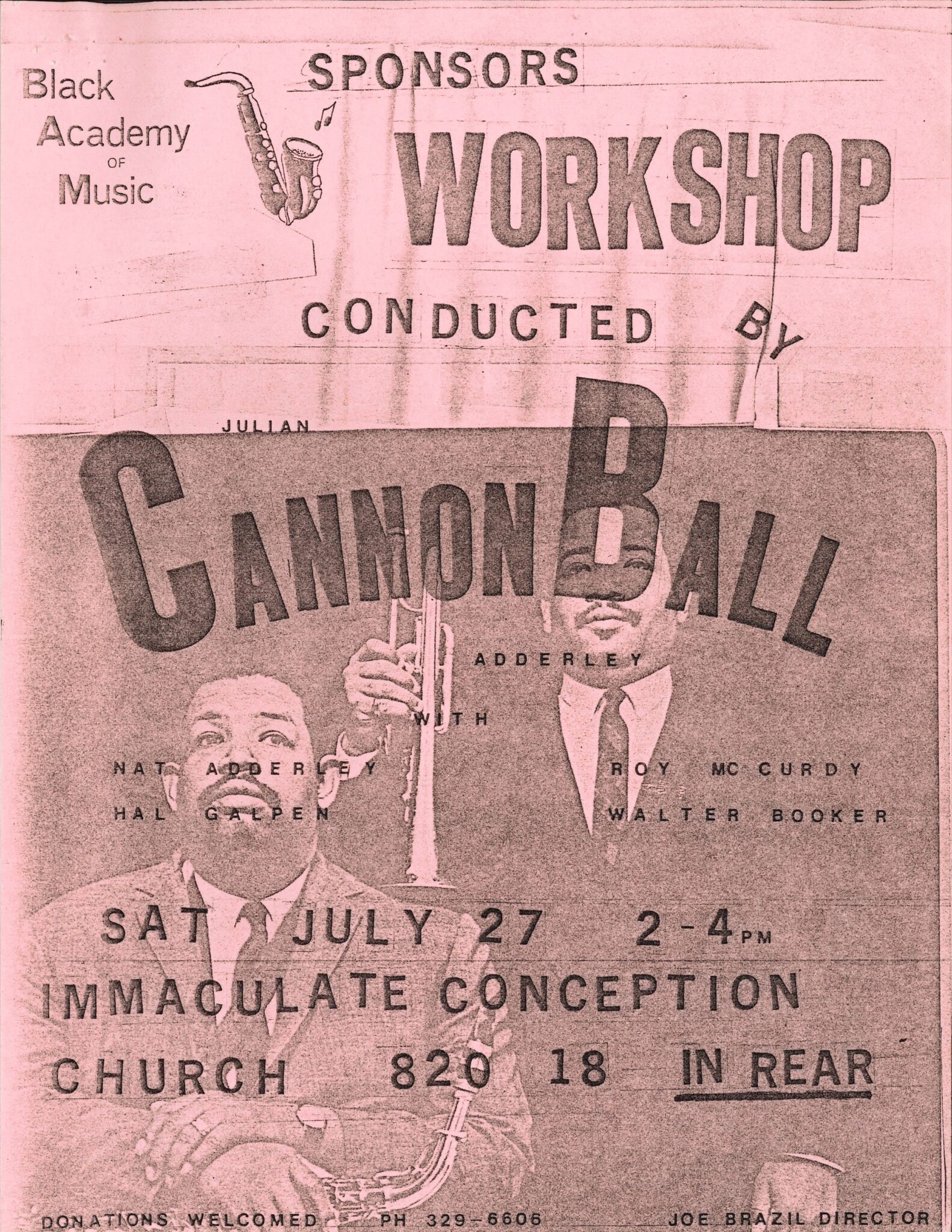 Pink photocopied flyer for a performance by Cannonball Adderley sponsored by the Black Academy of Music in Seattle