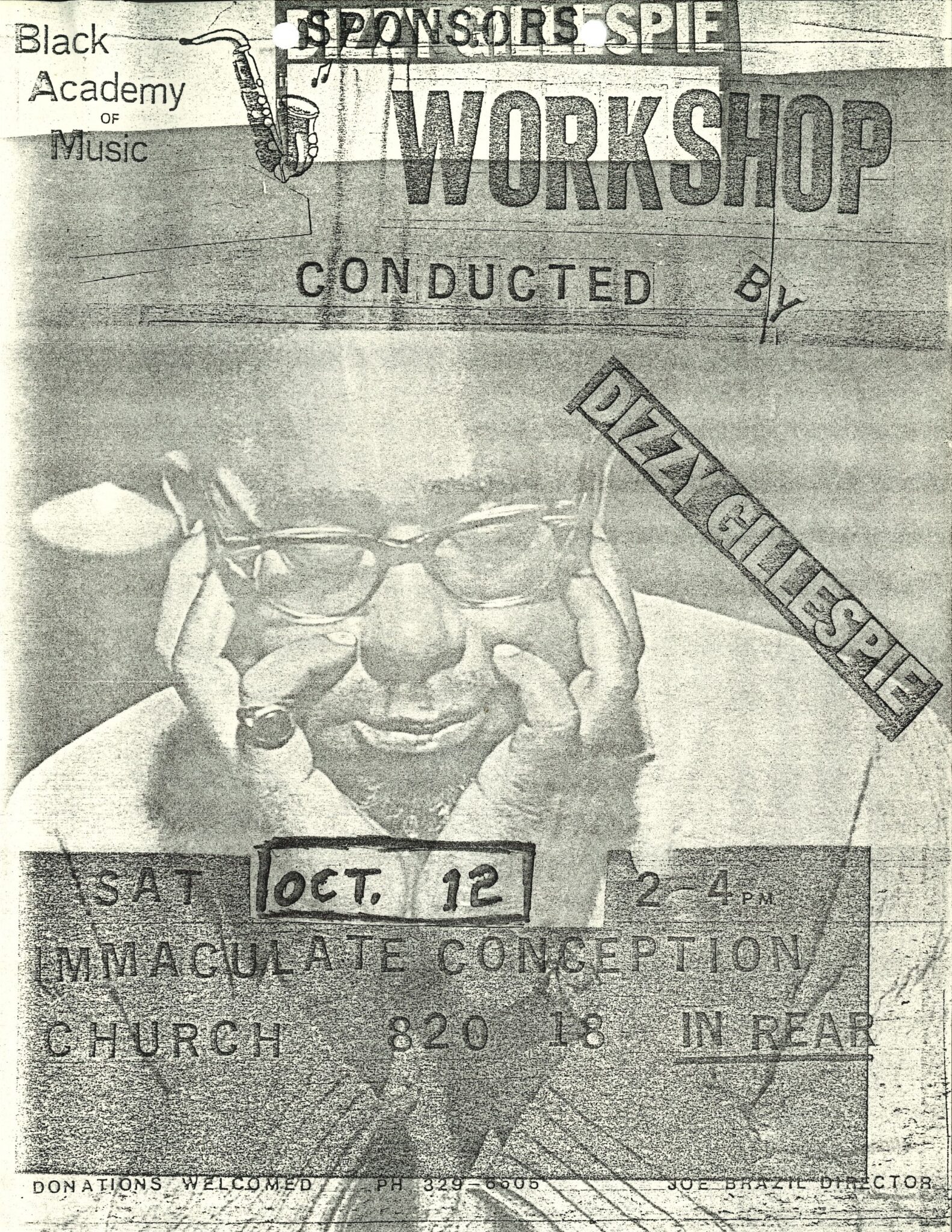 black and white flyer for a performance by Dizzy Gillespie sponsored by the Black Academy of Music in Seattle
