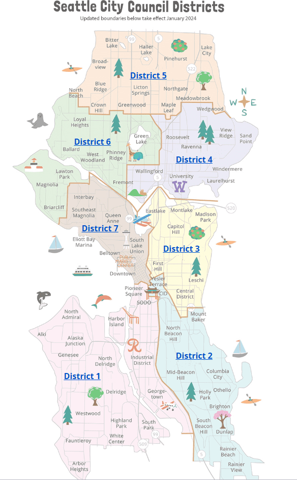 Color-coded map divided by Seattle City Council Districts