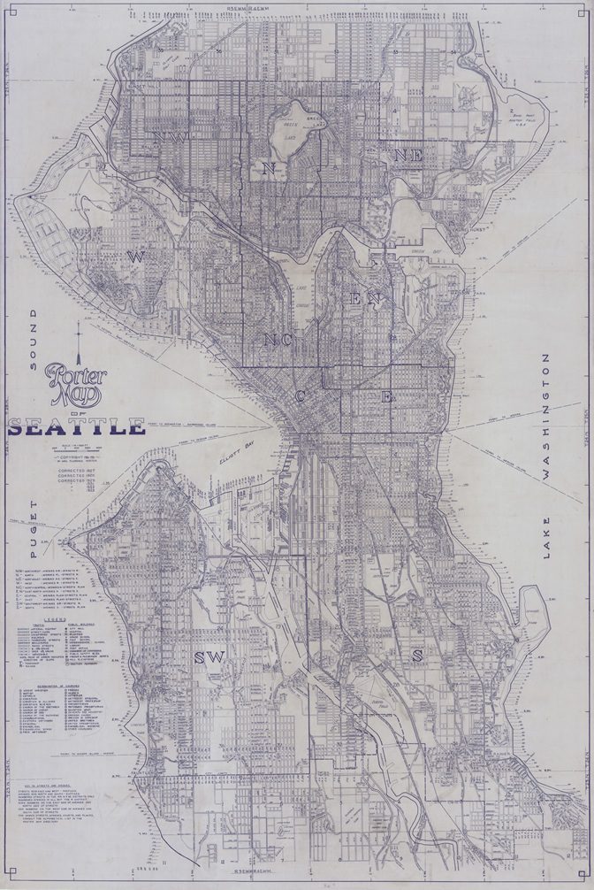 Hand-drawn blue and white large wall map of the City of Seattle from 1926.