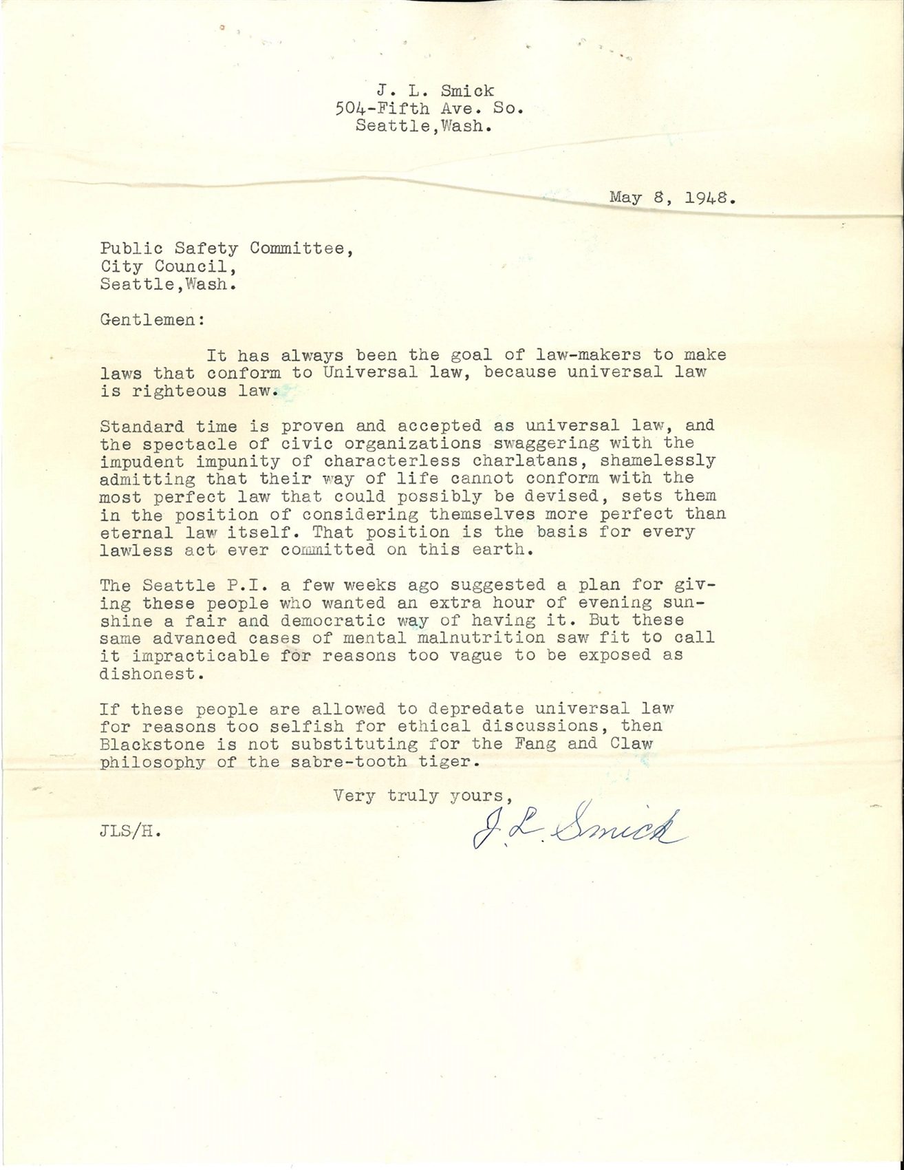 letter from J.L. Smick to city council protesting daylight savings time and claiming that standard time is universal law