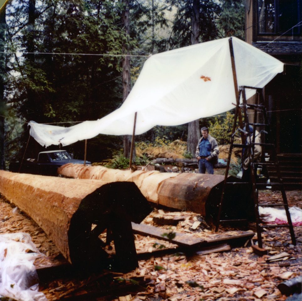 color photo of a rough carving of a bear beginning to take shape on a totem pole