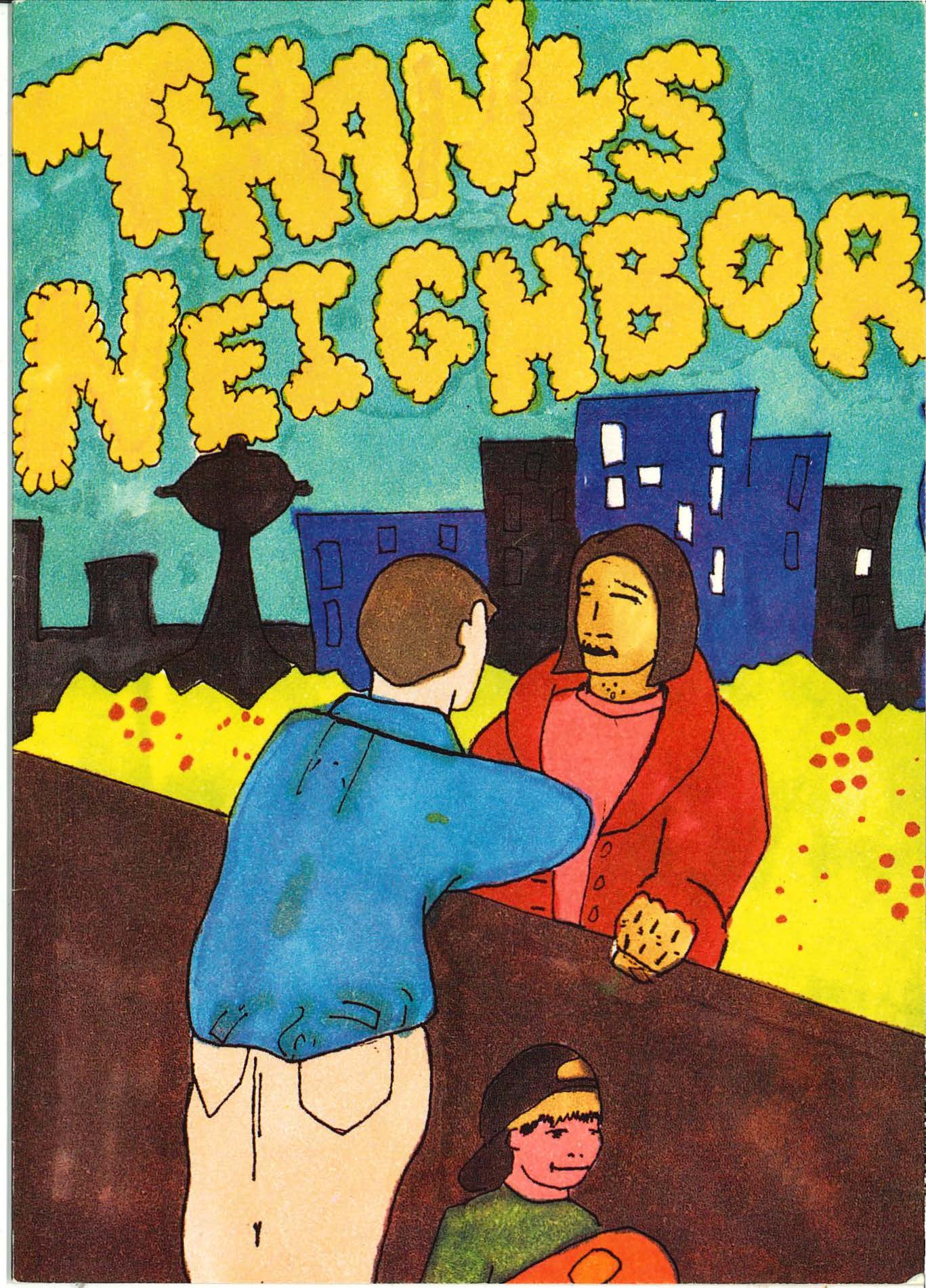 Seattle Neighbor Appreciation Day greeting card cover with colorful design of two neighbors talking over a fence and the words "Thanks Neighbor" 
