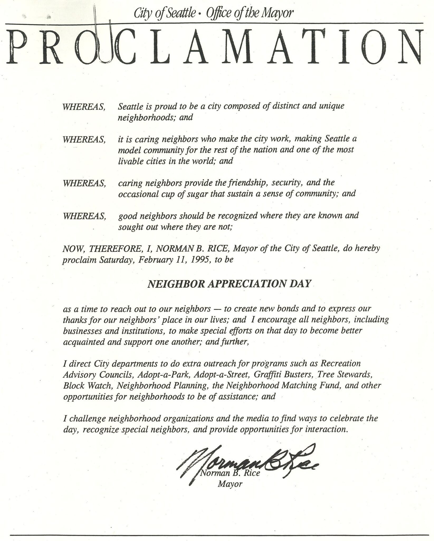 Neighbor Appreciation Day proclamation by Mayor Norm Rice, February 1995