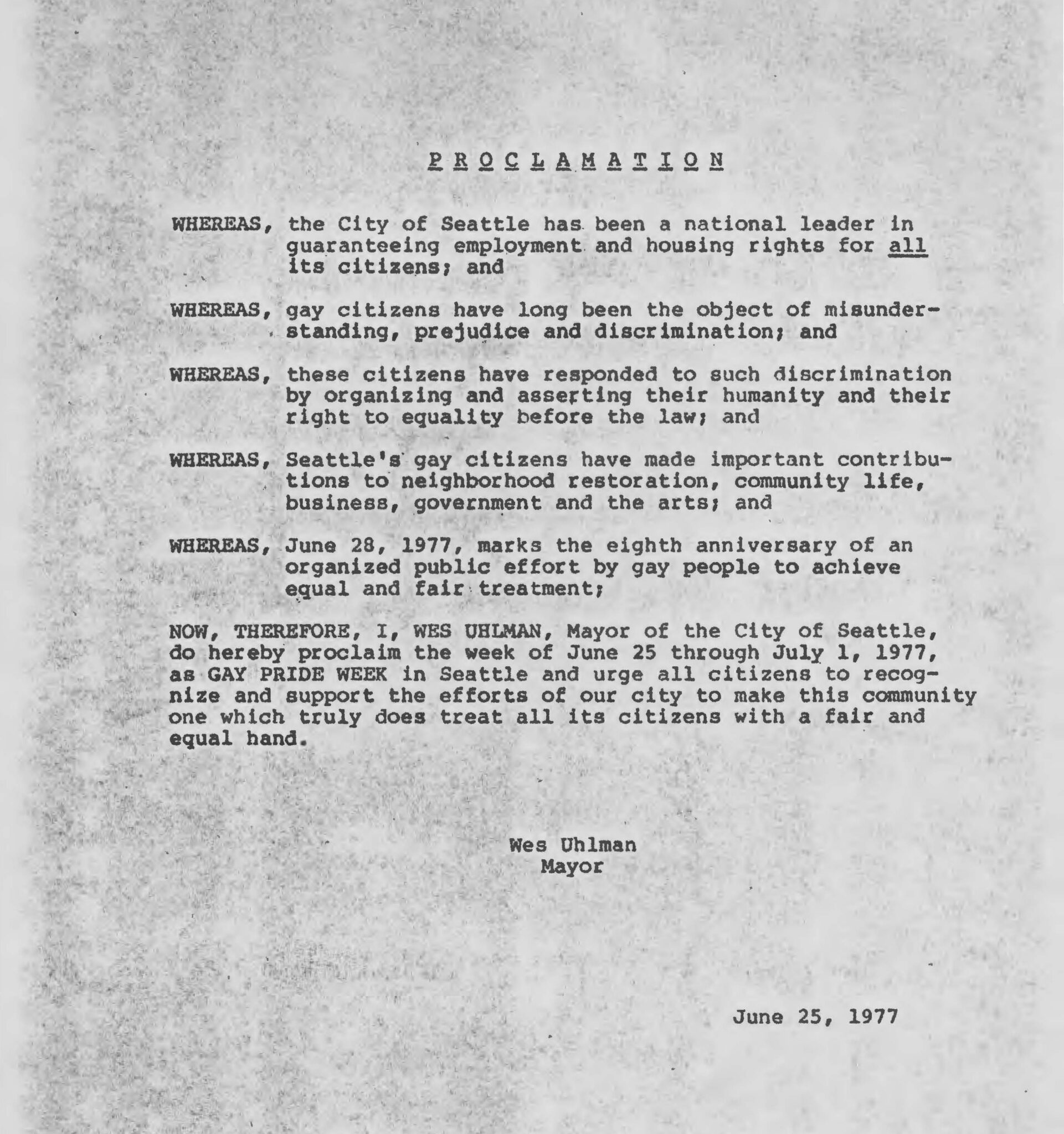 Black and white copy of Seattle's first Gay Pride Week proclamation, 1977.