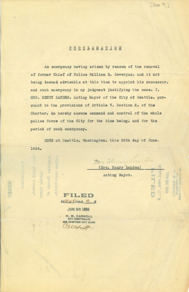 Emergency proclamation signed by Landes assuming command and control of the police force