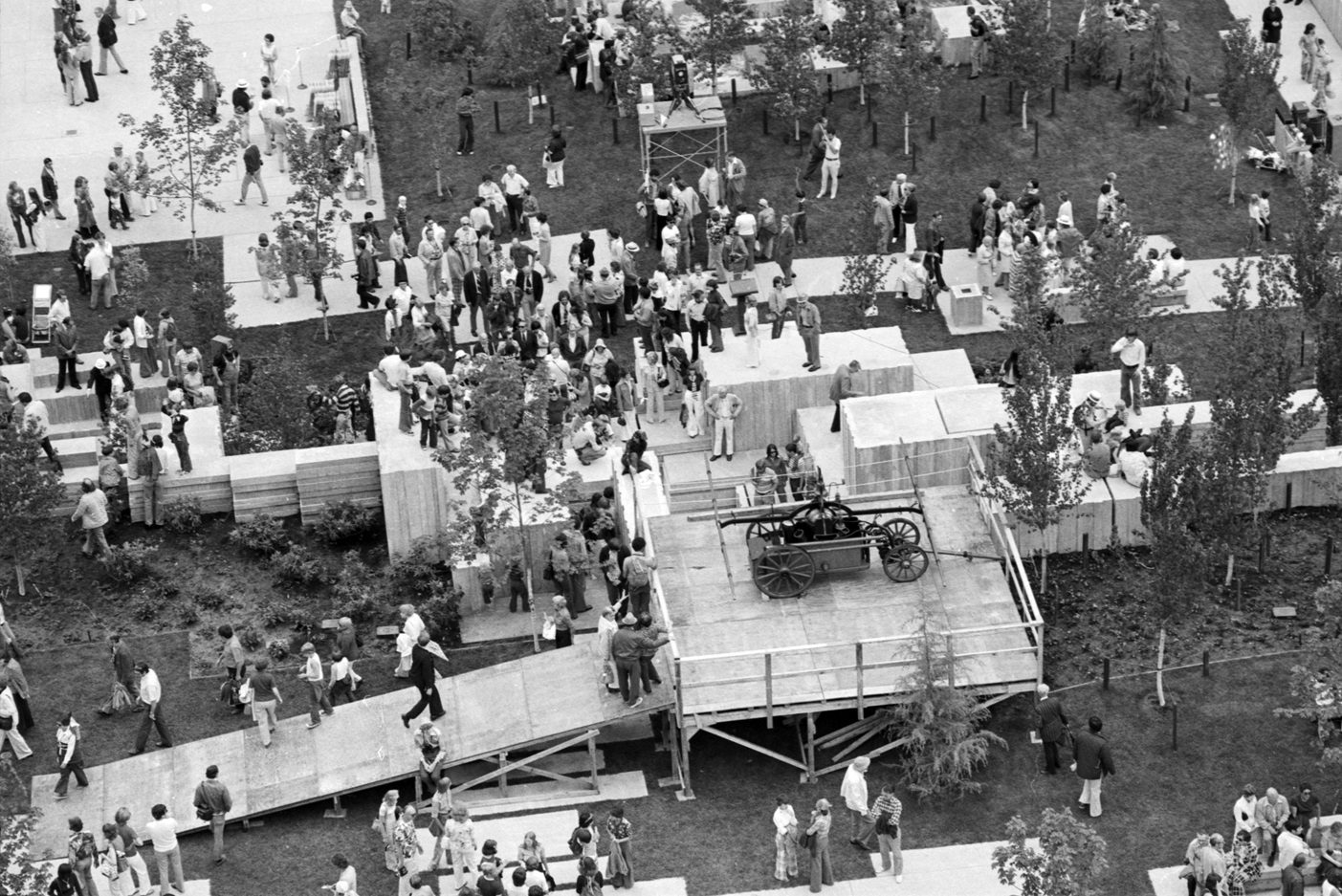 black and white aerial photo of Freeway Park opening day, 1976