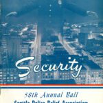 cover of program for 58th annual Police Relief Association ball with illustration of officer holding his arms out over an aerial view of the city