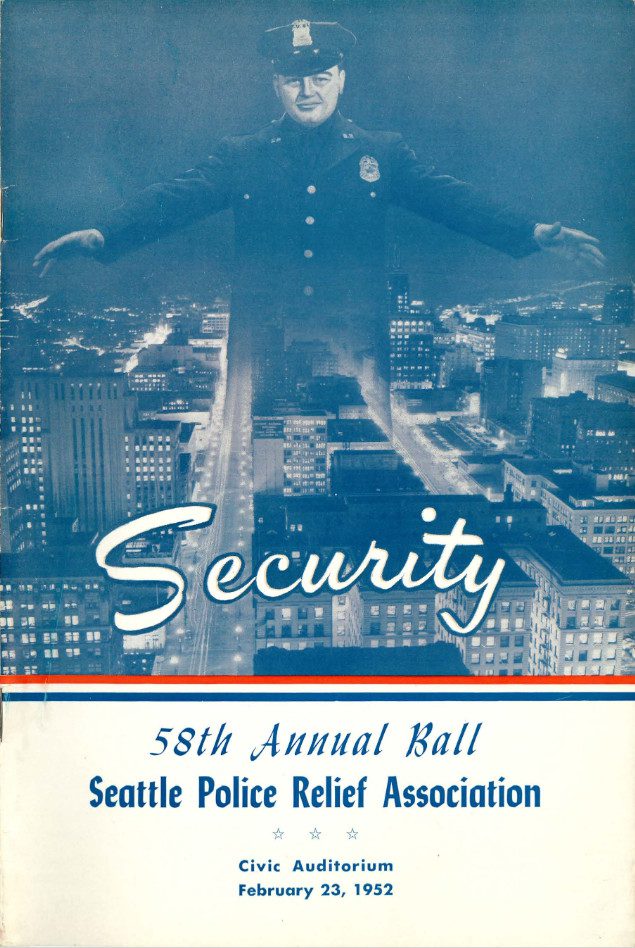 cover of program for 58th annual Police Relief Association ball with illustration of officer holding his arms out over an aerial view of the city