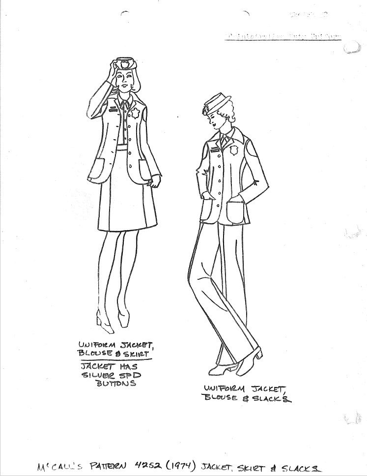 drawings in style of sewing patterns of female officers in uniforms 