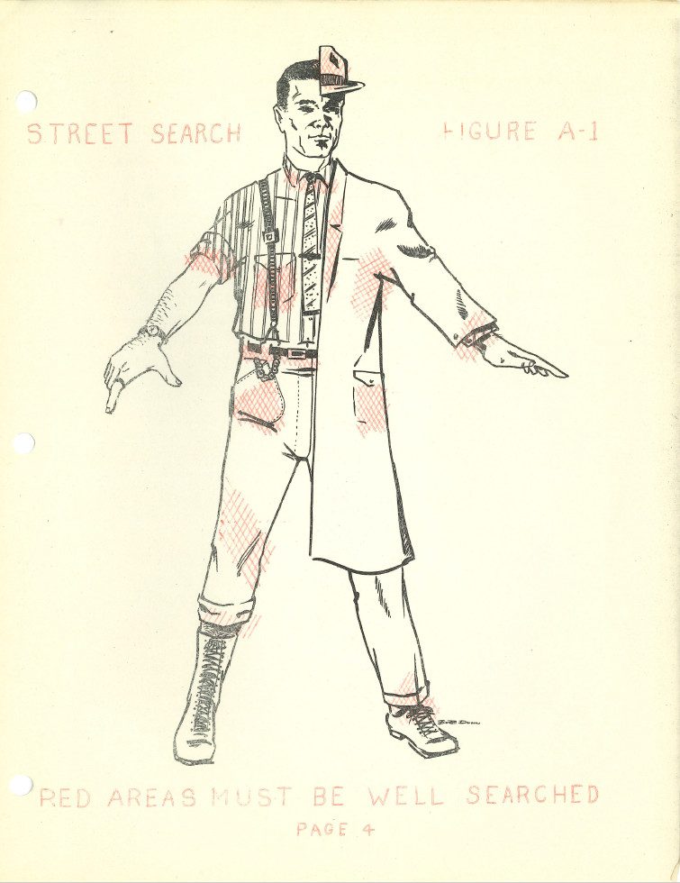 drawing of man showing clothing layers - labeled "street search - red areas must be well searched"
