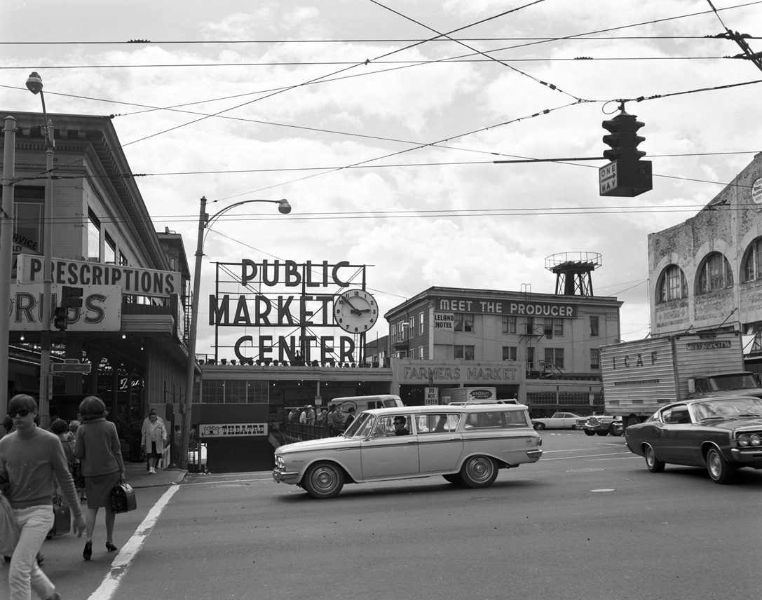 black and white photo of Pike Place Market, 1968
