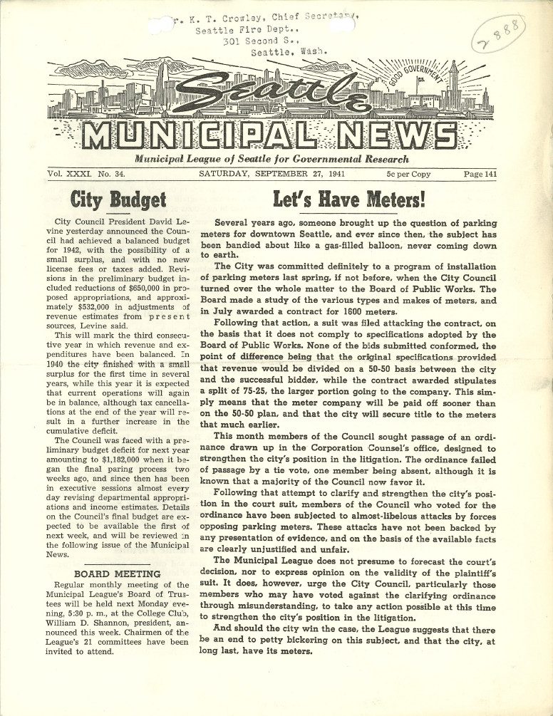 Front page of Sept 27 1941 edition of Seattle Municipal News