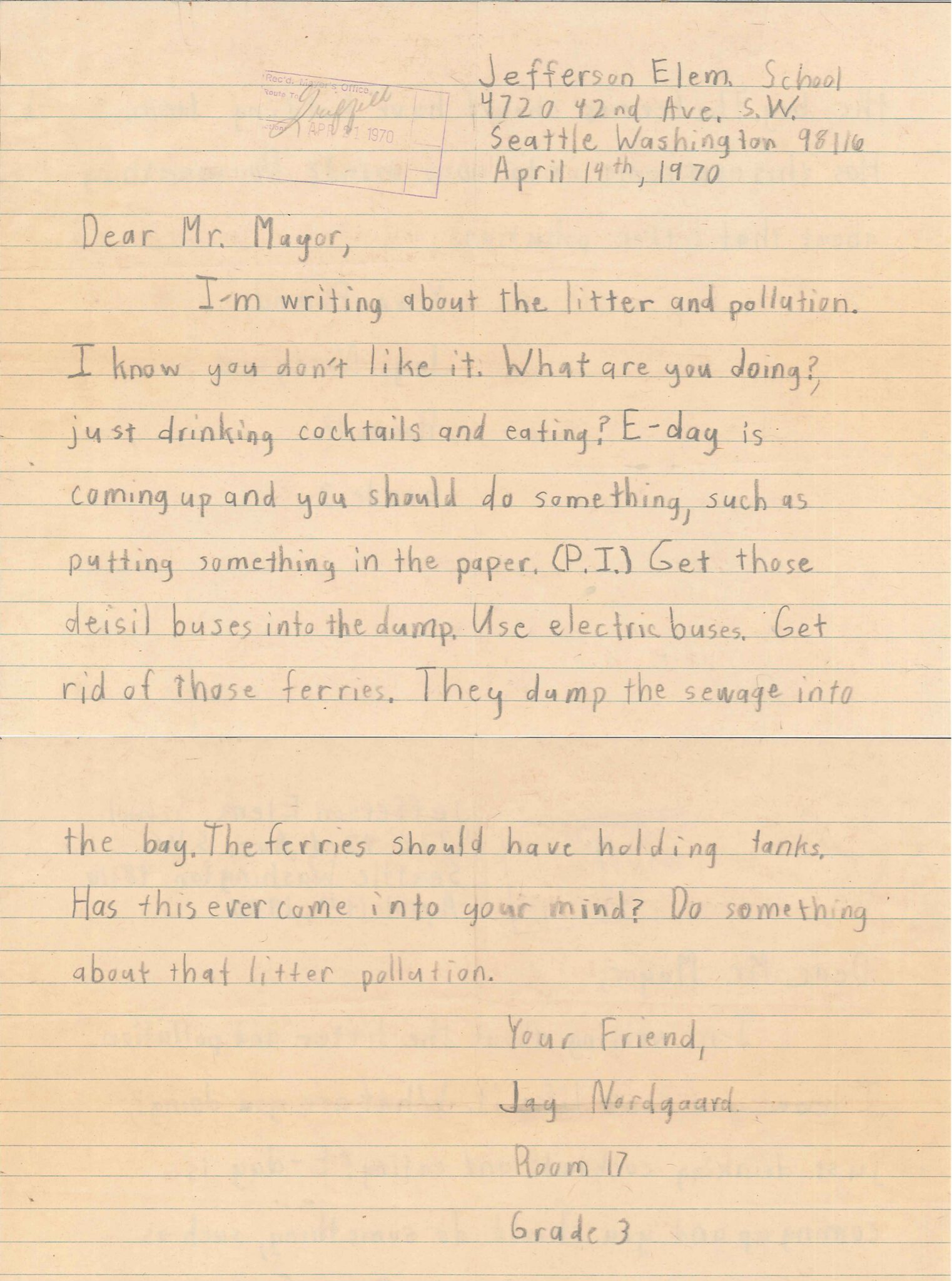 Handwritten letter by 3rd grade student to Seattle Mayor Wes Uhlman, dated April 19, 1970