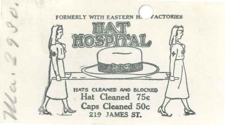 business card for the Hat Hospital, featuring image of two nurses carrying a large hat on a stretcher