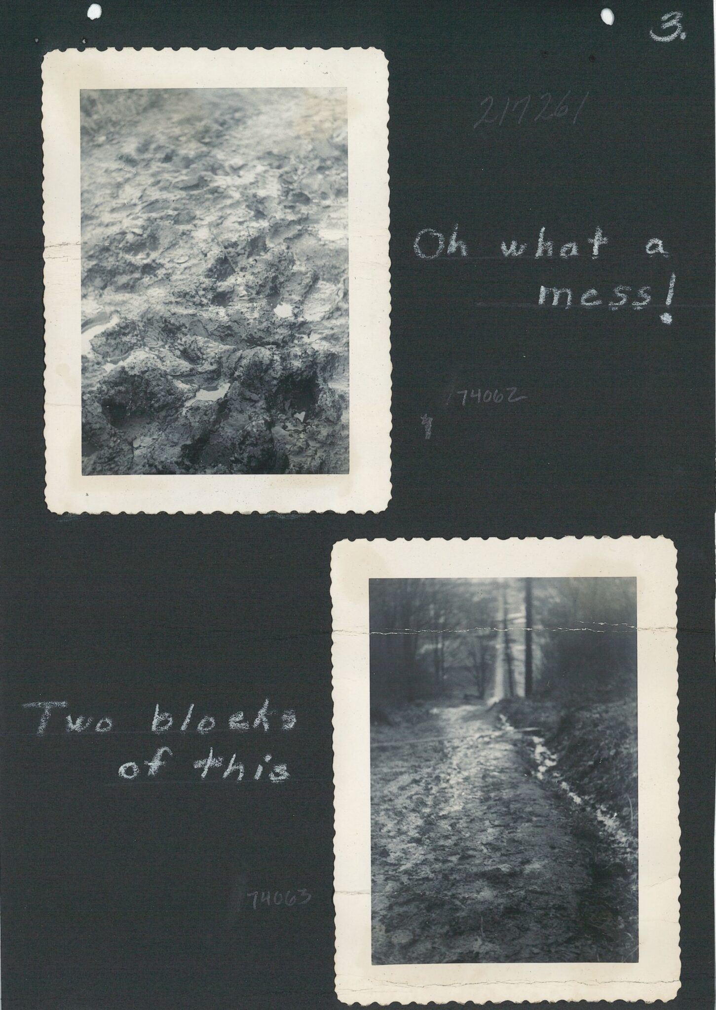 Black and white photos of muddy trail and students pasted on black paper, 1952