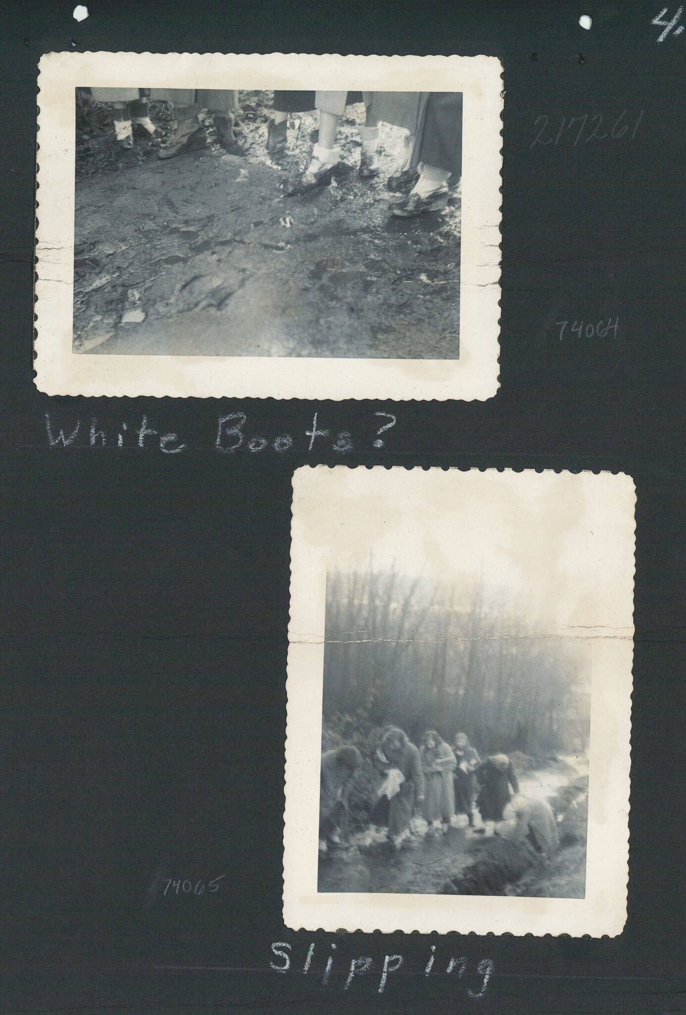 Black and white photos of muddy trail and students pasted on black paper, 1952