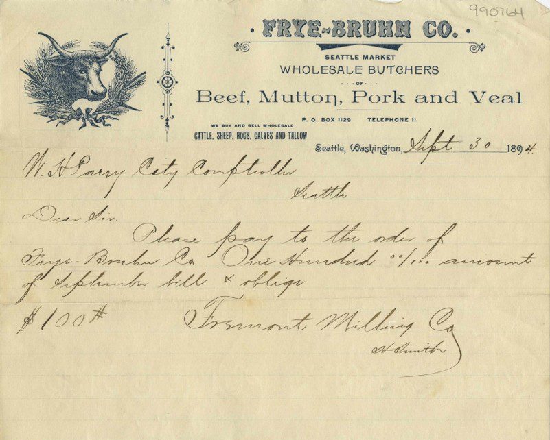 handwritten bill on letterhead featuring drawing of cow